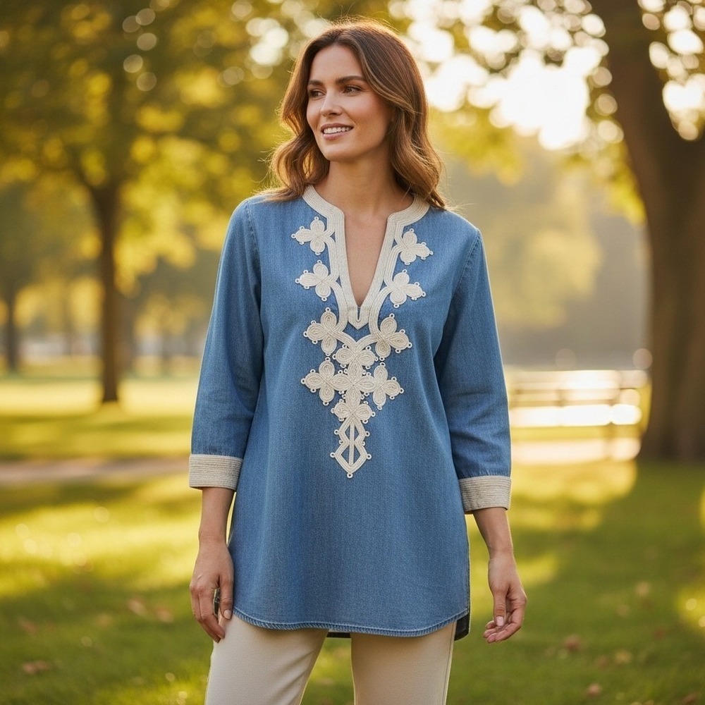 J CREW Blue Denim Tunic Top Sz 8 T Embroidered V Neck Long Sleeve Classic Luxury